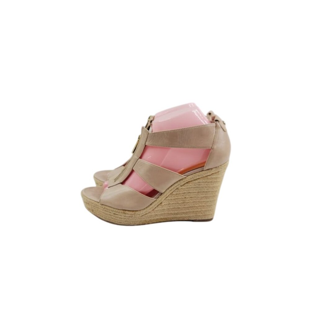 Michael Kors Women's Tan Damita Leather Peep Canvas Weave Platform Sandal 8.5‎